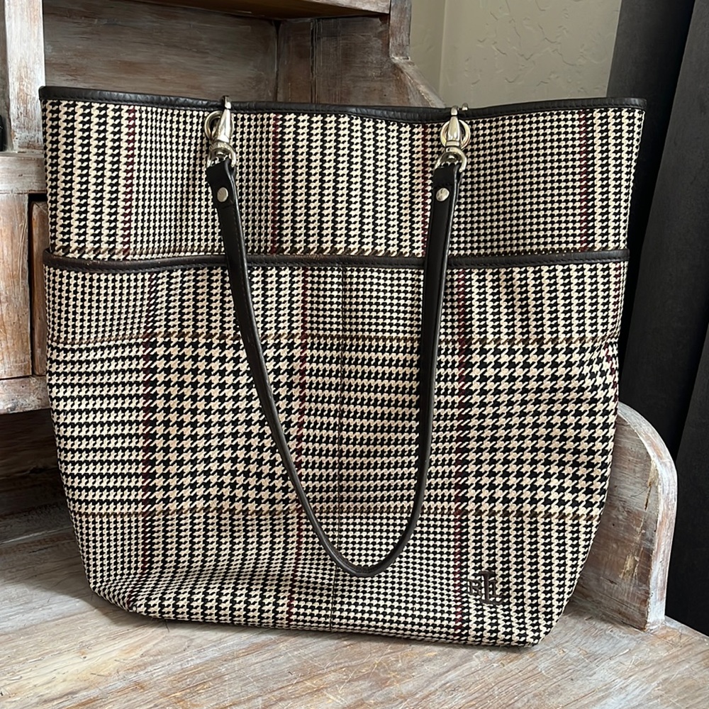🤎 Lauren Ralph Lauren houndstooth canvas and leather tote cream brown